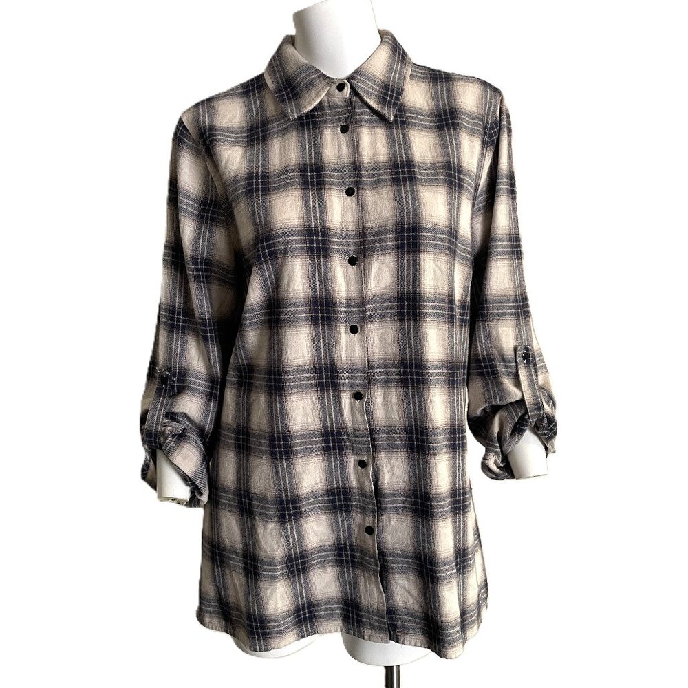 Paparazzi Top Large Boho Floral Embroidered Button Up Velvet Velour Plaid Shirt - Picture 4 of 16